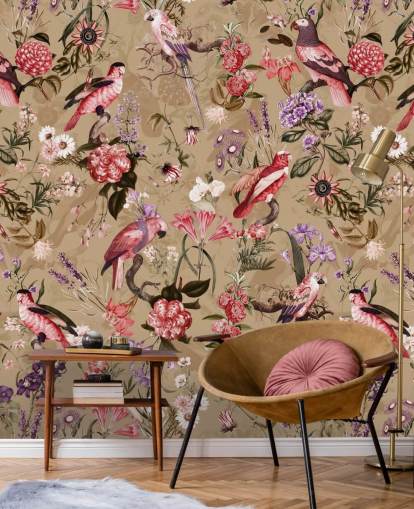 papier peint à fleurs d'oiseaux roses et violets