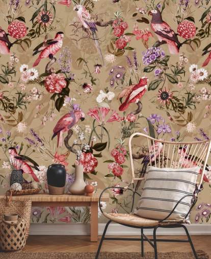 papel pintado floral pájaro rosa y morado papel pintado floral pájaro rosa y morado