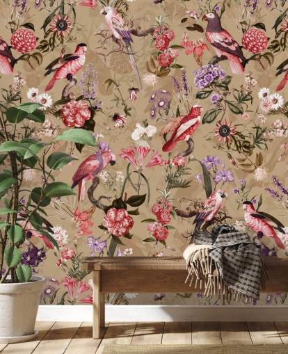 papier peint à fleurs d'oiseaux roses et violets