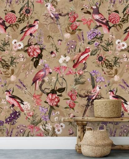 papel de parede floral pássaro rosa e roxo