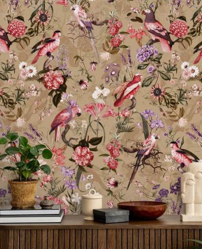 papel pintado floral pájaro rosa y morado