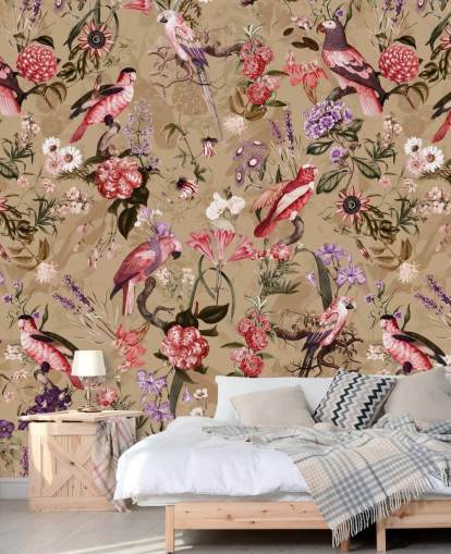 papier peint à fleurs d'oiseaux roses et violets papier peint à fleurs d'oiseaux roses et violets