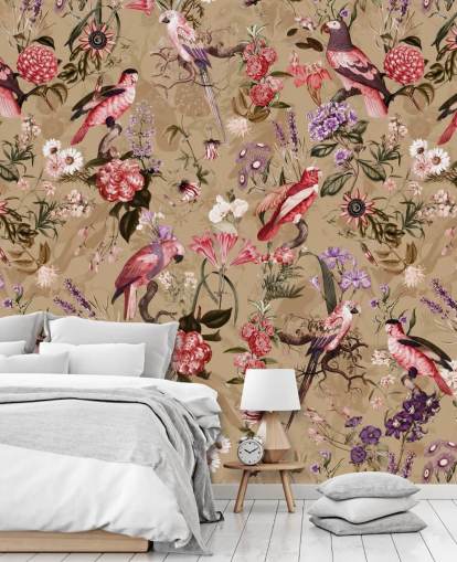 papel pintado floral pájaro rosa y morado