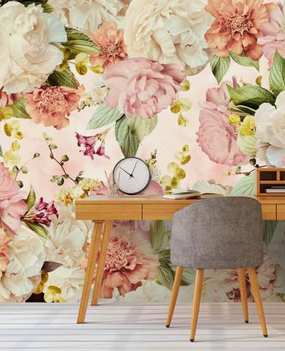 papel pintado floral rosa y blanco