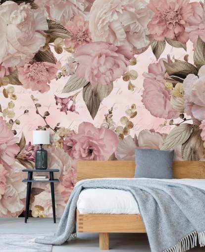 papier peint pivoines rose clair et blanc cassé
