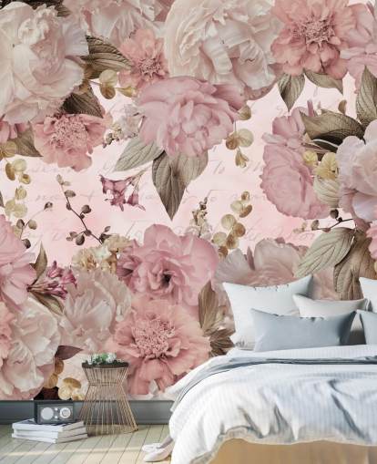 papier peint pivoines rose clair et blanc cassé