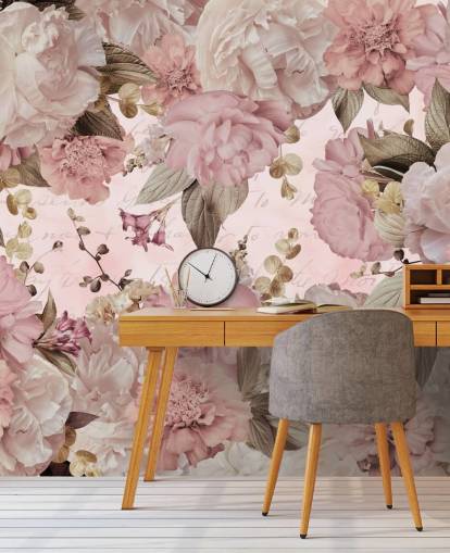 carta da parati peonie rosa chiaro e bianco sporco