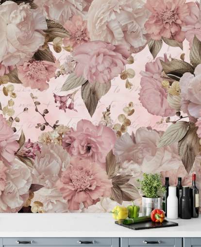 carta da parati peonie rosa chiaro e bianco sporco