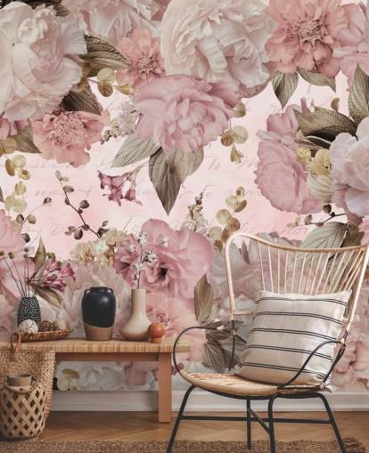 carta da parati peonie rosa chiaro e bianco sporco
