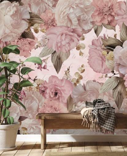 carta da parati peonie rosa chiaro e bianco sporco