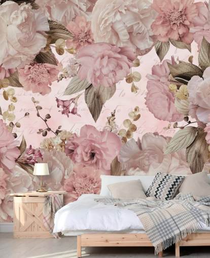 papier peint pivoines rose clair et blanc cassé
