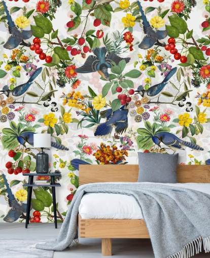 papier peint oiseaux bleus et fleurs rouges et jaunes papier peint oiseaux bleus et fleurs rouges et jaunes