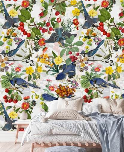 blaue Vögel und rote und gelbe Blumen Wallpaper