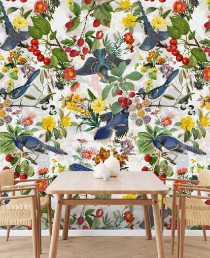 blue birds and red and yellow flowers wallpaper