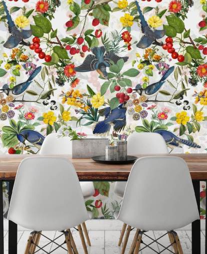 pássaros azuis e flores vermelhas e amarelas papel de parede pássaros azuis e flores vermelhas e amarelas papel de parede