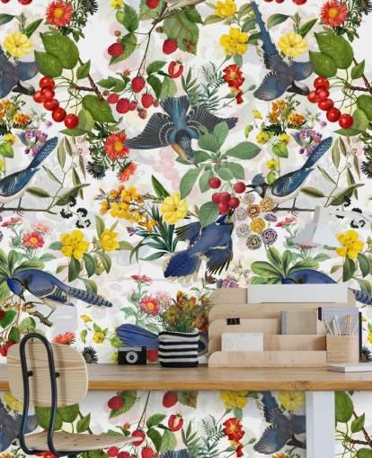 pássaros azuis e flores vermelhas e amarelas papel de parede pássaros azuis e flores vermelhas e amarelas papel de parede