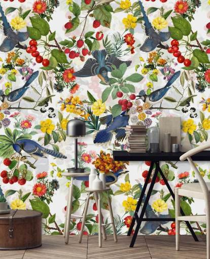 blue birds and red and yellow flowers wallpaper