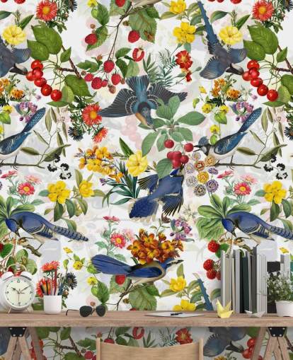 blue birds and red and yellow flowers wallpaper blue birds and red and yellow flowers wallpaper
