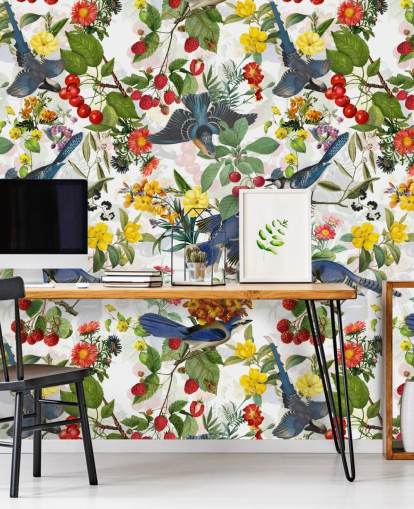 blue birds and red and yellow flowers wallpaper