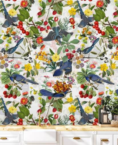 blue birds and red and yellow flowers wallpaper