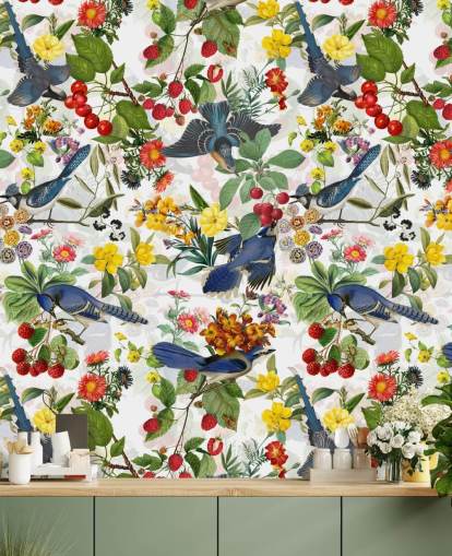 papier peint oiseaux bleus et fleurs rouges et jaunes