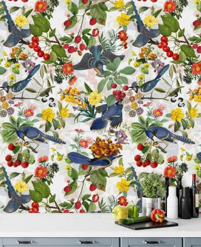 papel pintado de pájaros azules y flores rojas y amarillas