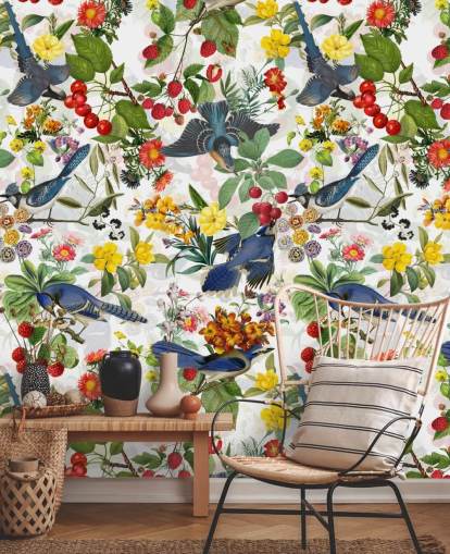 papier peint oiseaux bleus et fleurs rouges et jaunes
