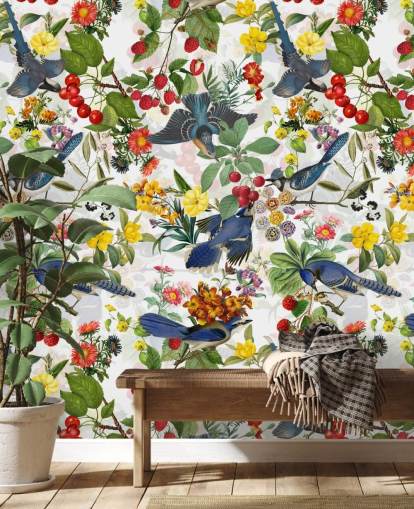 blaue Vögel und rote und gelbe Blumen Wallpaper blaue Vögel und rote und gelbe Blumen Wallpaper