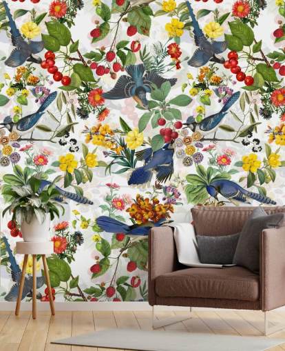 papel pintado de pájaros azules y flores rojas y amarillas papel pintado de pájaros azules y flores rojas y amarillas