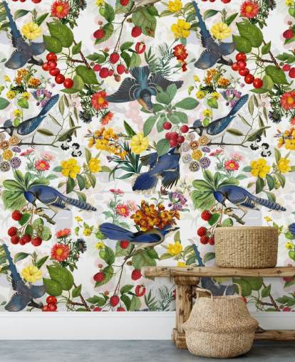 blue birds and red and yellow flowers wallpaper