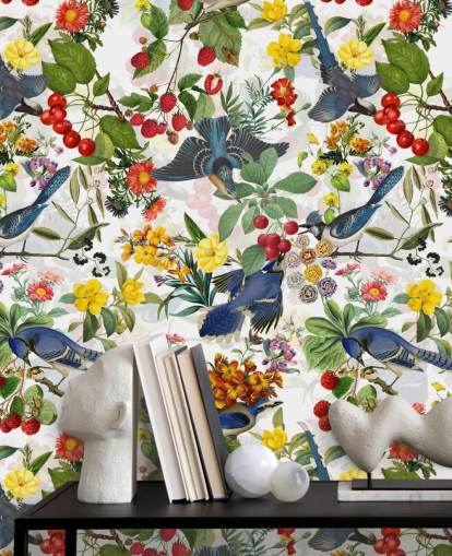 blue birds and red and yellow flowers wallpaper