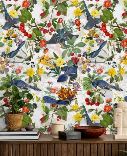 blauwe vogels en rode en gele bloemen behang
