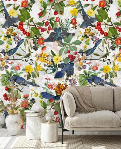 blauwe vogels en rode en gele bloemen behang