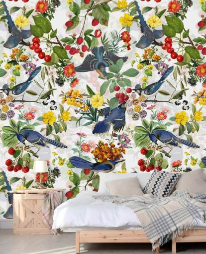 pássaros azuis e flores vermelhas e amarelas papel de parede pássaros azuis e flores vermelhas e amarelas papel de parede