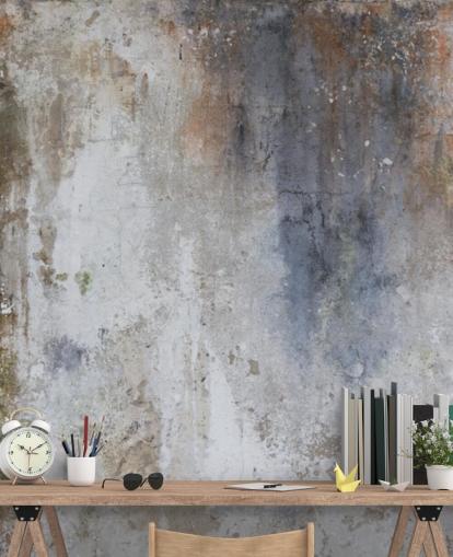 carta da parati murale personalizzata in cemento grigio, blu e bronzo chiamata Industrial Wall