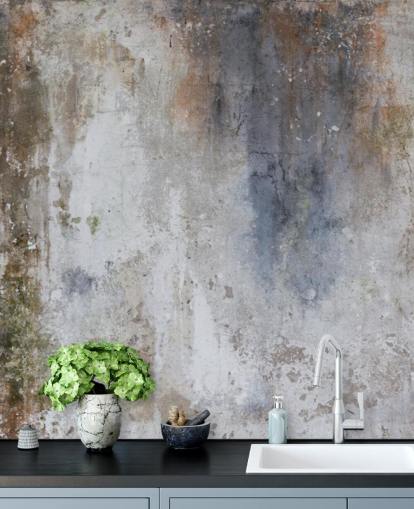 mural de papel de parede de concreto personalizado em cinza, azul e bronze chamado Industrial Wall