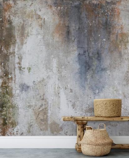 carta da parati murale personalizzata in cemento grigio, blu e bronzo chiamata Industrial Wall