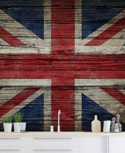 union jack op houten panelen behang