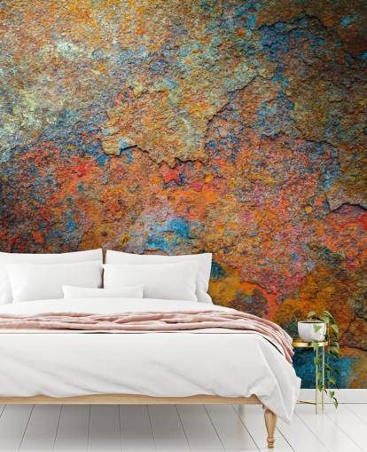 kleurrijke roestbehangmuurschildering genaamd Rusty Rainbow voor op kantoor of thuis