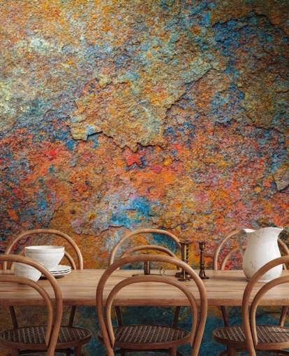 kleurrijke roestbehangmuurschildering genaamd Rusty Rainbow voor op kantoor of thuis