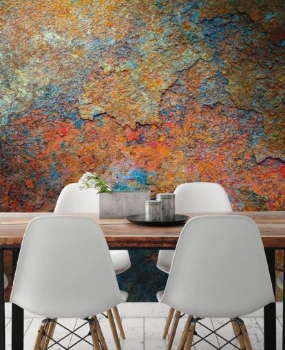 kleurrijke roestbehangmuurschildering genaamd Rusty Rainbow voor op kantoor of thuis
