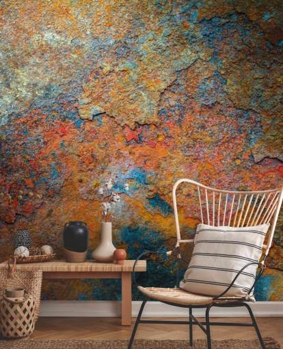 kleurrijke roestbehangmuurschildering genaamd Rusty Rainbow voor op kantoor of thuis