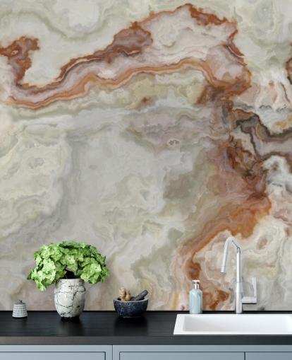 bruin, oranje en wit marmerbehang voor keukens, badkamers en woonkamers