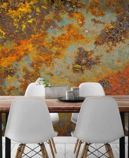 carta da parati murale in metallo arancione chiamata Flecks of Rust per salotti, camere da letto e spazi commerciali