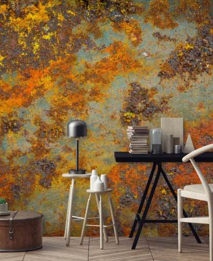 mural de papel pintado de metal naranja llamado Flecks of Rust para salas de estar, dormitorios y espacios comerciales