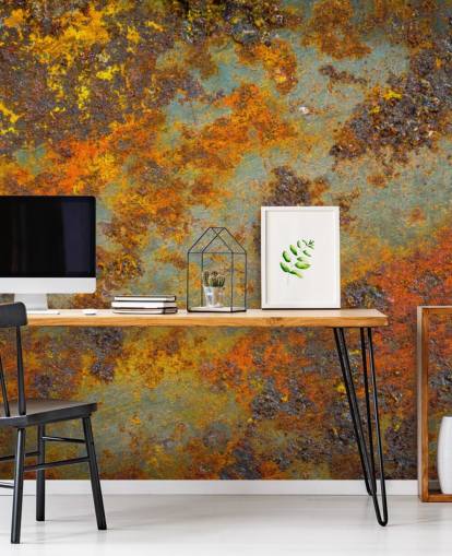 mural de papel pintado de metal naranja llamado Flecks of Rust para salas de estar, dormitorios y espacios comerciales