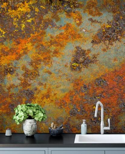 orange metal wallpaper mural called Flecks of Rust for living rooms, bedrooms and commercial spaces