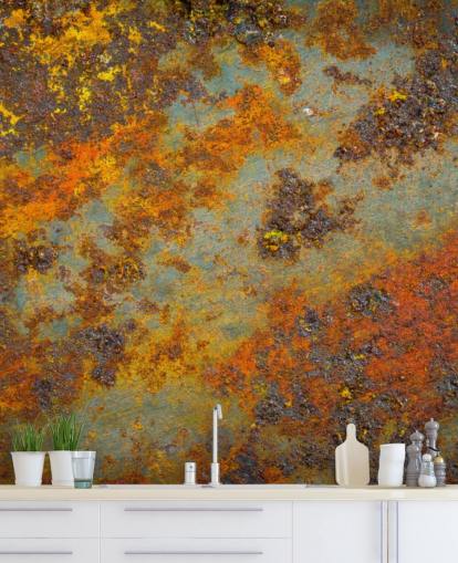 oranje metalen muurschildering genaamd Flecks of Rust voor woonkamers, slaapkamers en commerciële ruimtes