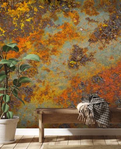 orange metall tapetväggmålning kallad Flecks of Rust för vardagsrum, sovrum och kommersiella utrymmen