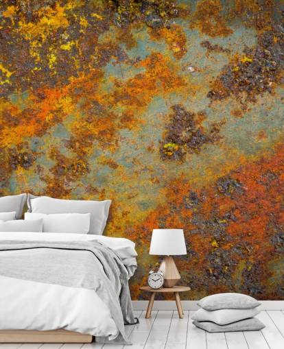 oranje metalen muurschildering genaamd Flecks of Rust voor woonkamers, slaapkamers en commerciële ruimtes